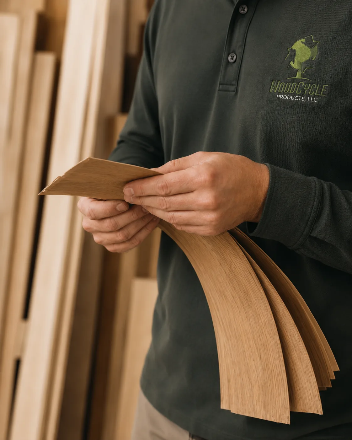 WoodCycle shop hands inspecting flexible wood veneer sheets