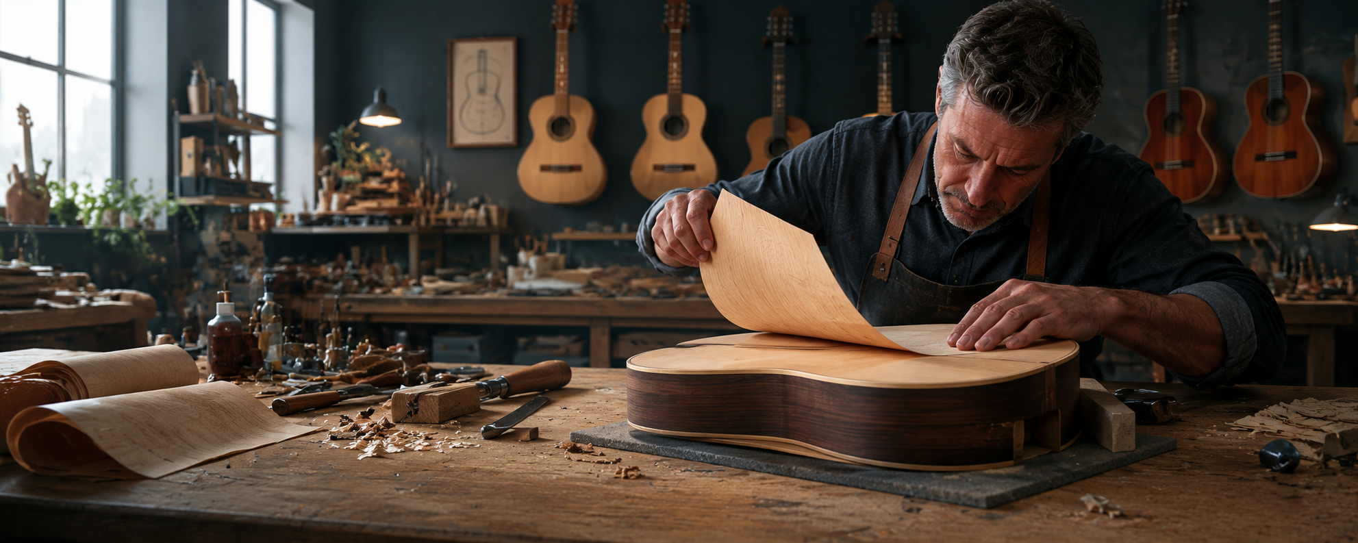 A luthier laying a thin veneer sheet onto a guitar body